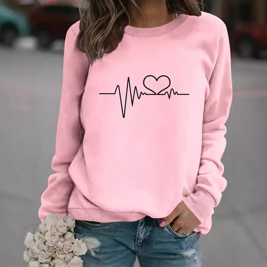 Women's Long-sleeved Round Neck Heartbeat Print Pullover Women's Sweater, Sweater