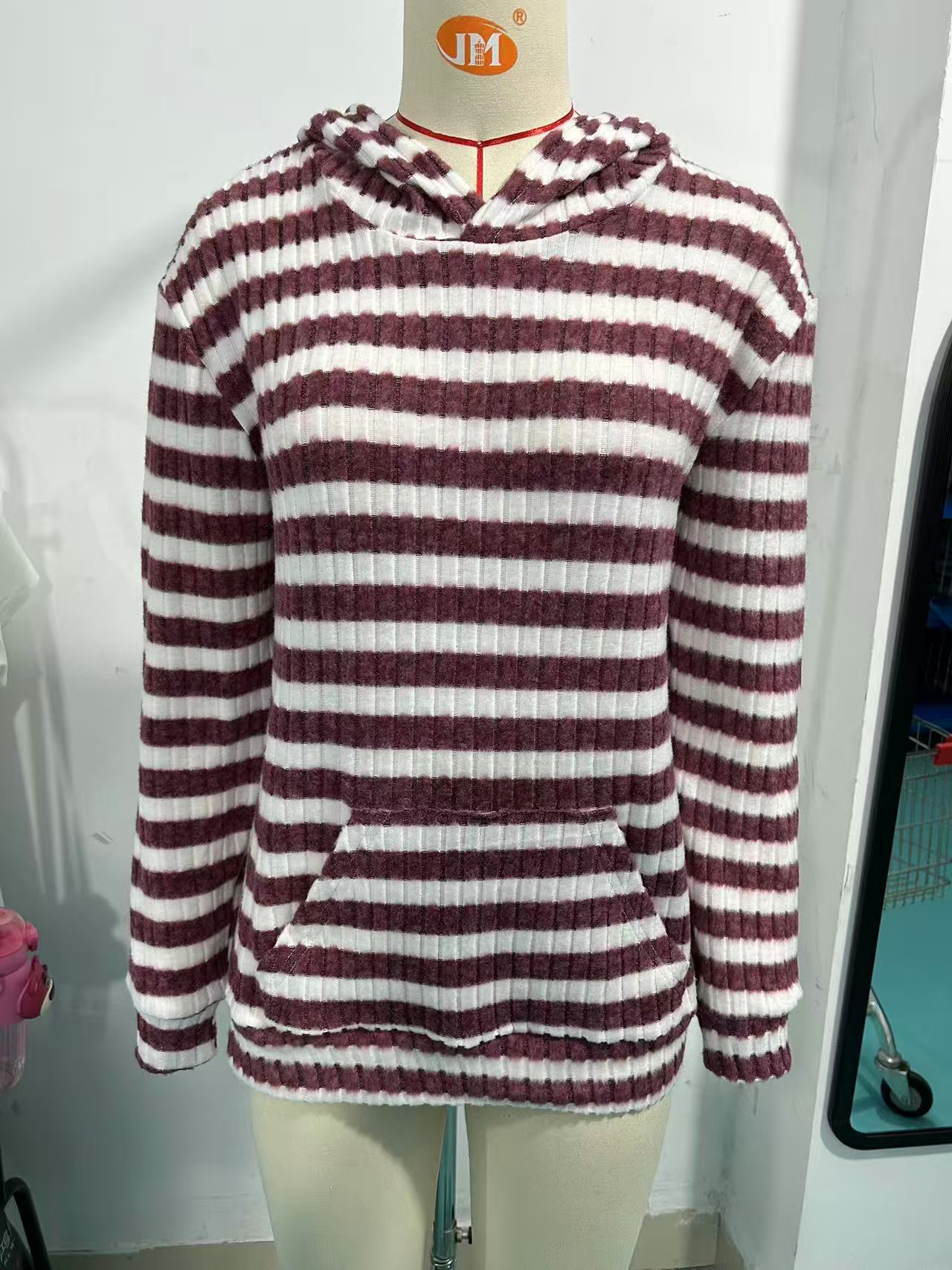 Women's Striped Hooded Pocket Loose Long Sleeve Women's Sweater, Sweater
