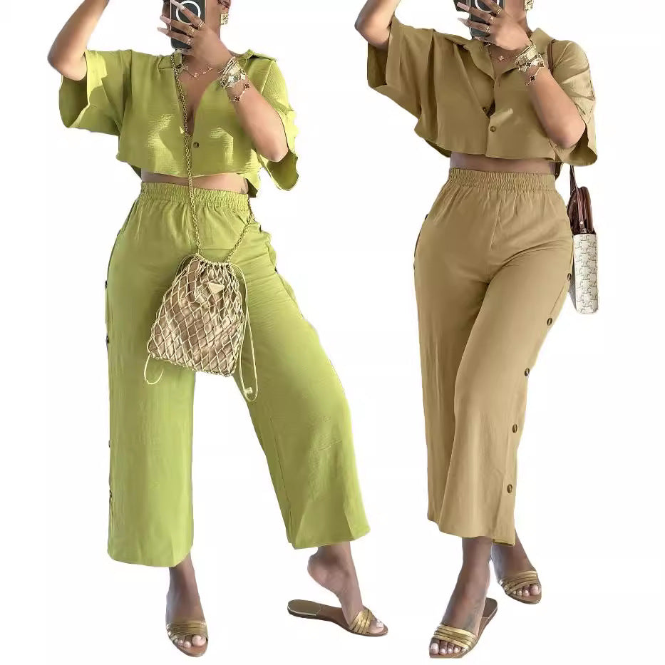 Classic Women's Cropped Lapel Shirt Two-piece Fashion Casual Suit