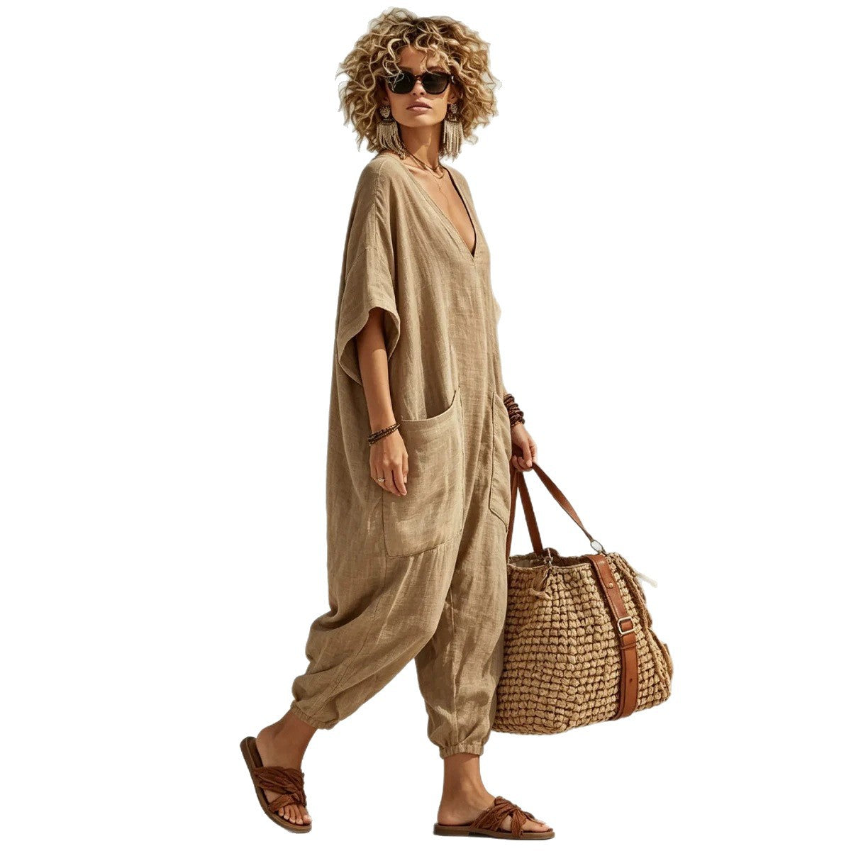 Women's Cotton Linen Loose Large Pocket Bloomers Beach Jumpsuits
