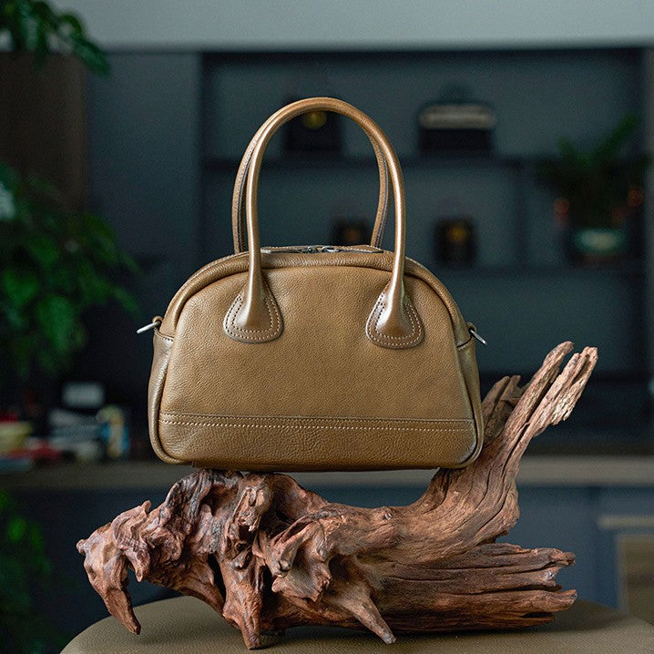 Women's Full Tree Cream Vegetable Tanning Leather Bowling Handbags