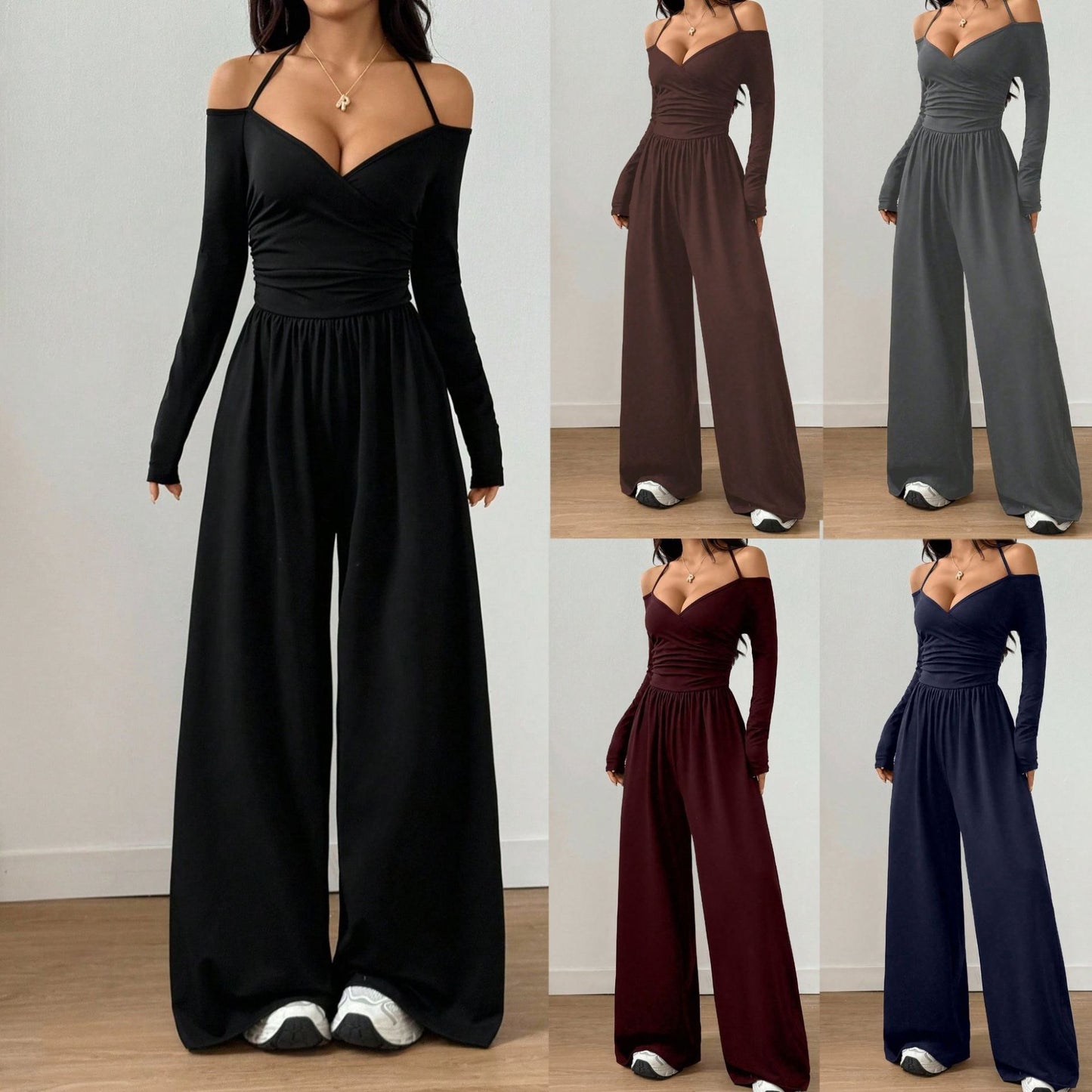 Women's Halter Long Sleeve Tight Waist Wide Leg Women's Jumpsuit/clothing