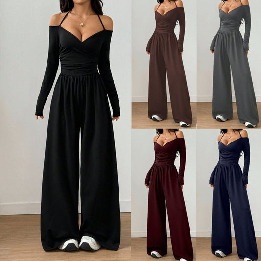Women's Halter Long Sleeve Tight Waist Wide Leg Women's Jumpsuit/clothing