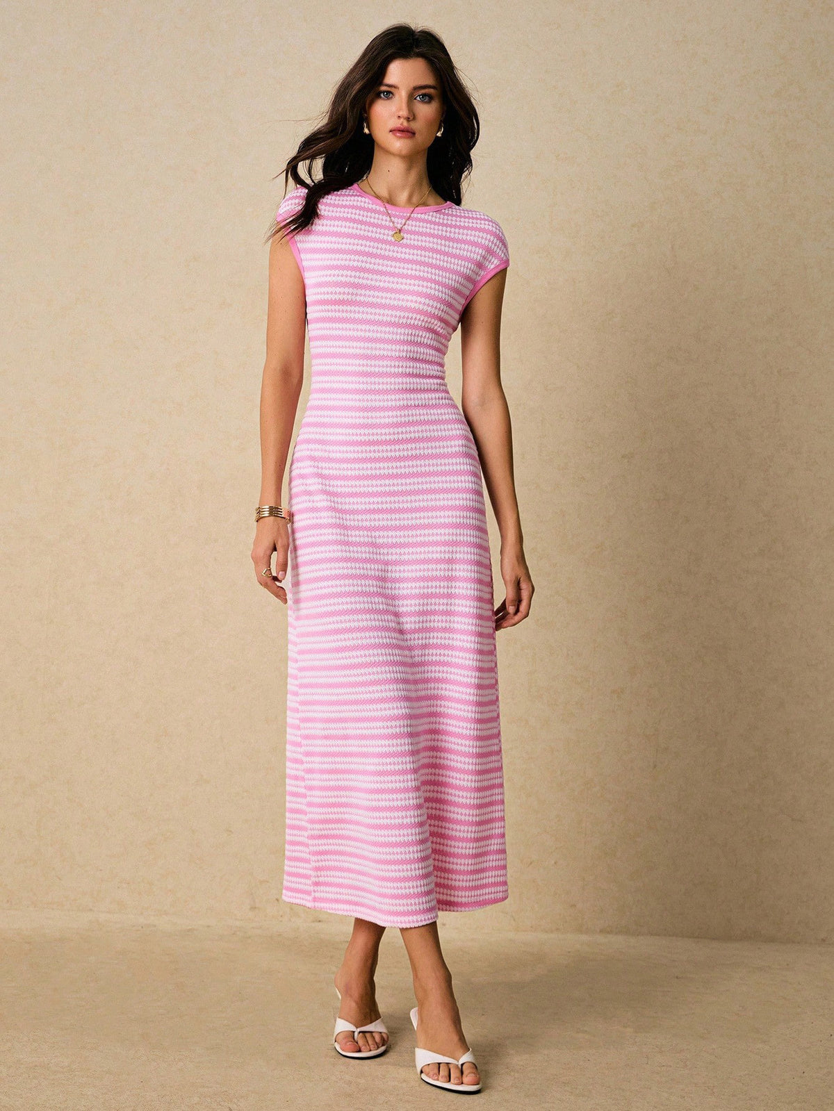 Women's Striped Knitted Midi With Shoulder Sleeves Slim Fit Dress