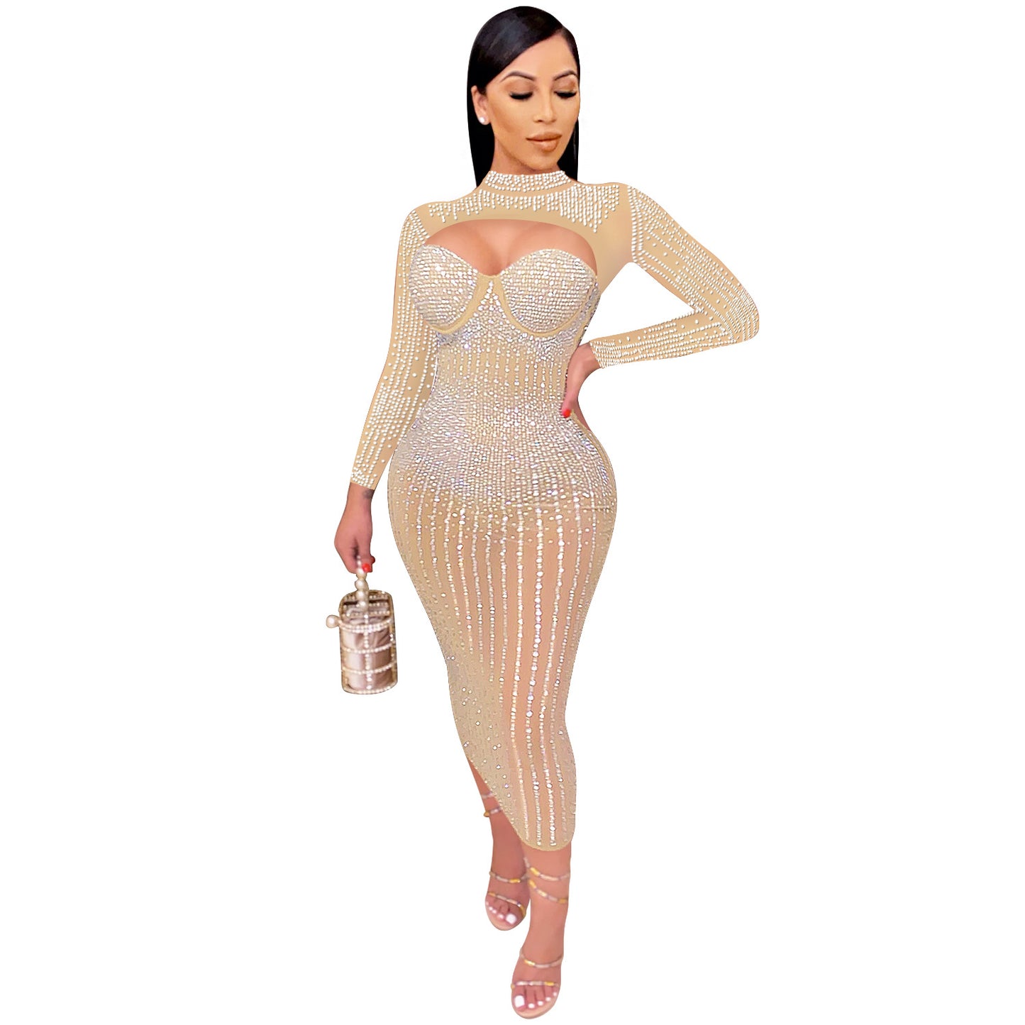 Women's Fashion Wear Nightclub Mesh Rhinestone Strap Dresses
