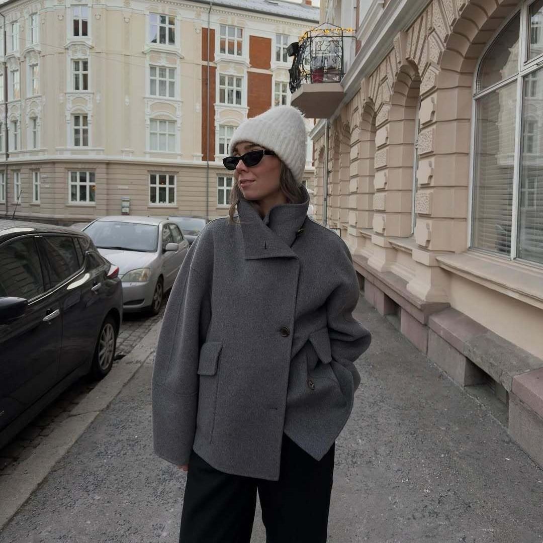 Single-breasted With Pockets Pure Color Half Collar Coats