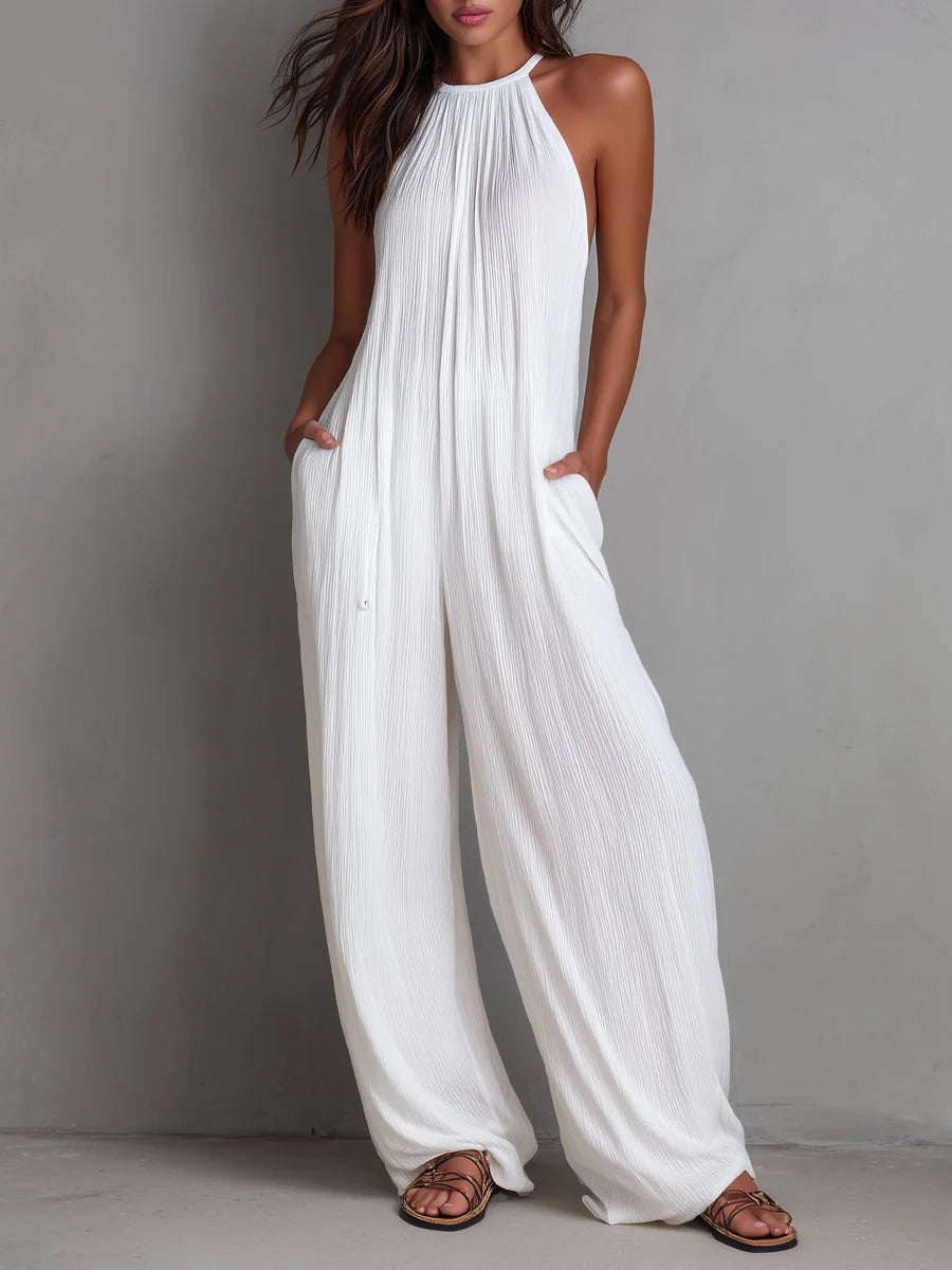 Women's Halter Sleeveless Vacation Style White Pleated Women's Jumpsuit/clothing