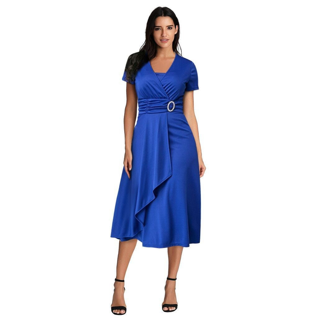 Women's Sexy Asymmetric Large Swing High Waist Mid-length Solid Dress