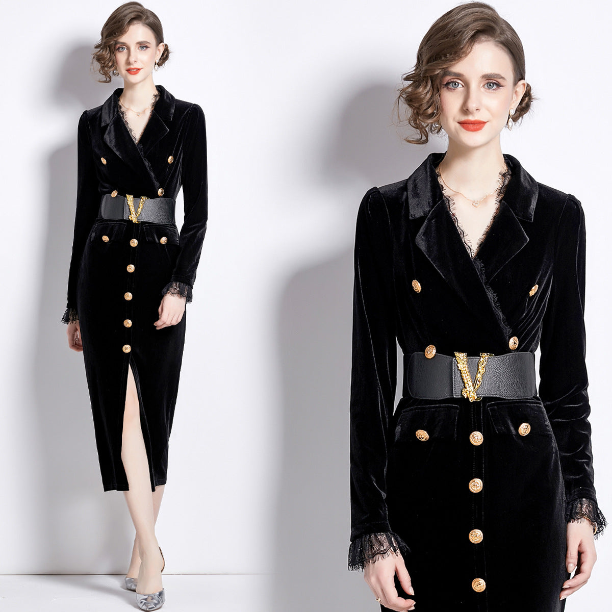 Women's Double Breasted Black Tie Lace Stitching Suits