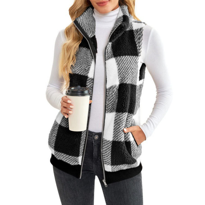 Women's Waistcoat Comfortable Veet Plaid Stand Collar Zipper Women's Vest