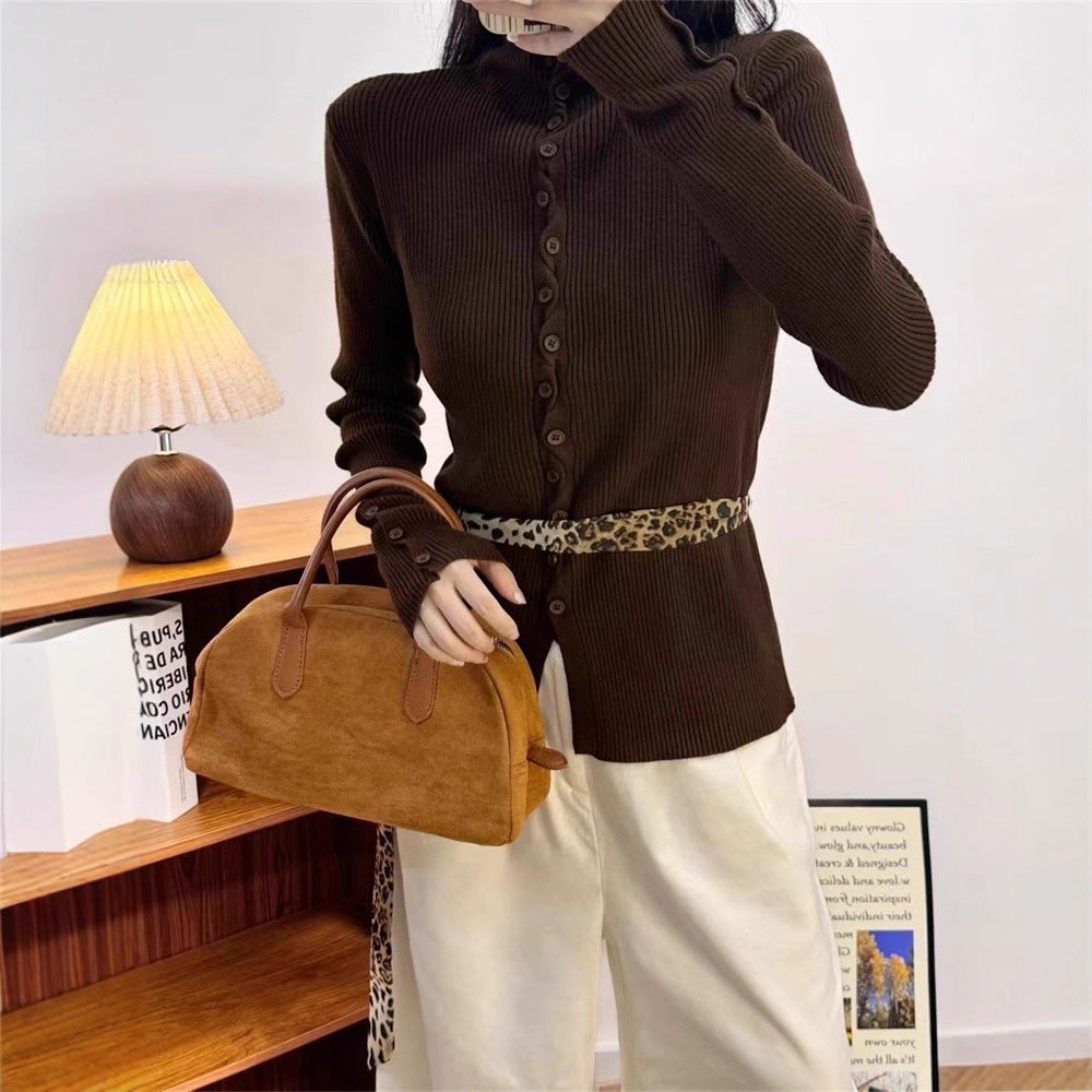 Women's Turtleneck Stand Collar Decorative Buttons Slim Knitwear