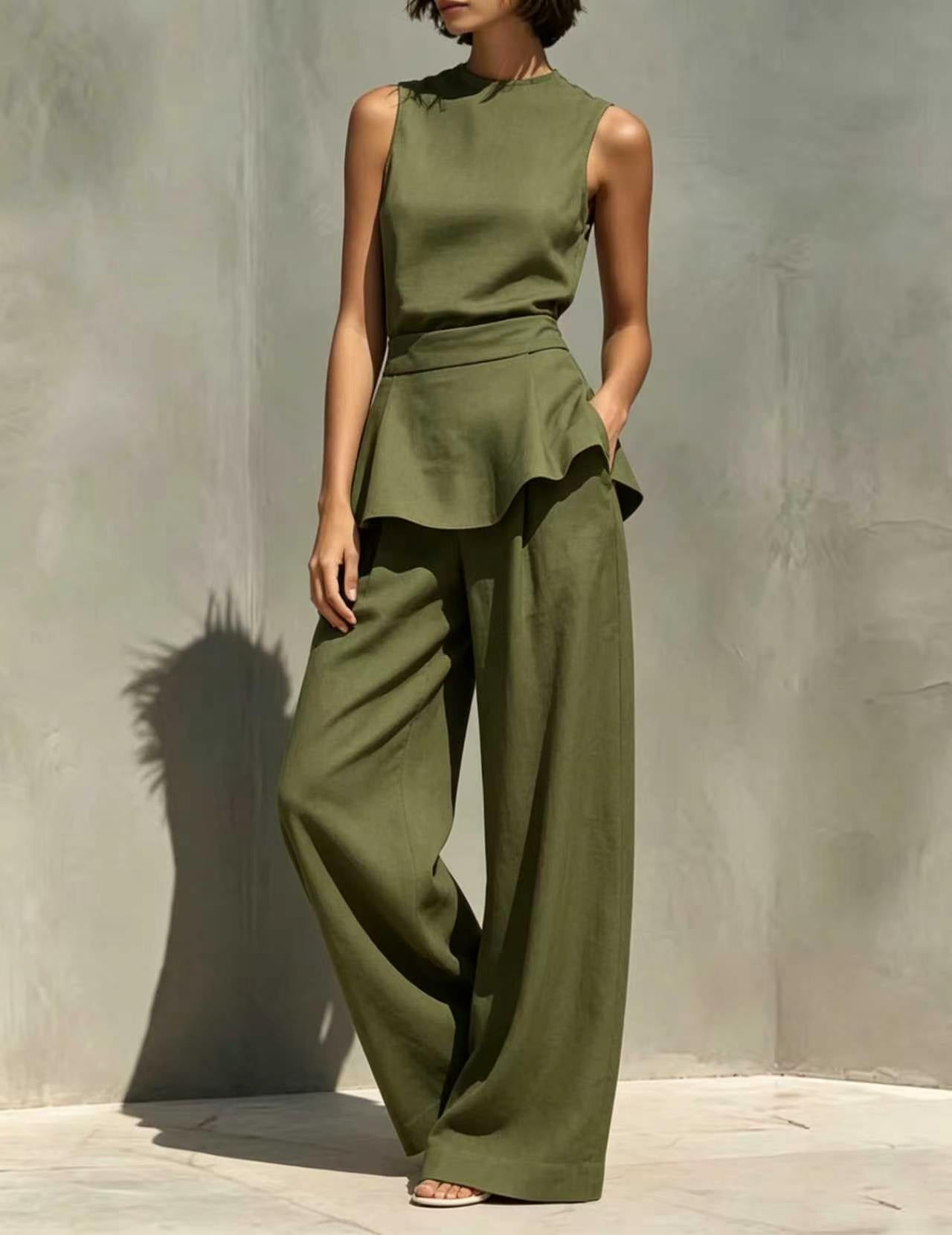 Women's Sleeveless Waistcoat Cotton Linen Two-piece Fashion Casual Suit