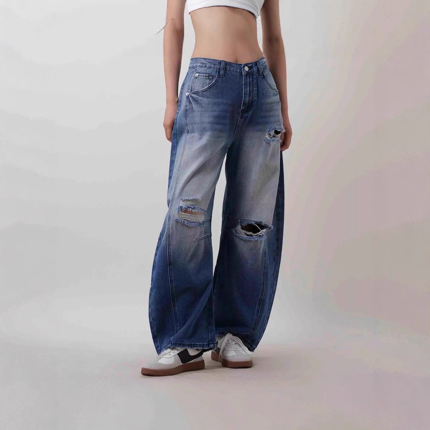 Women's Loose Hole Vintage Denim Trousers Jeans