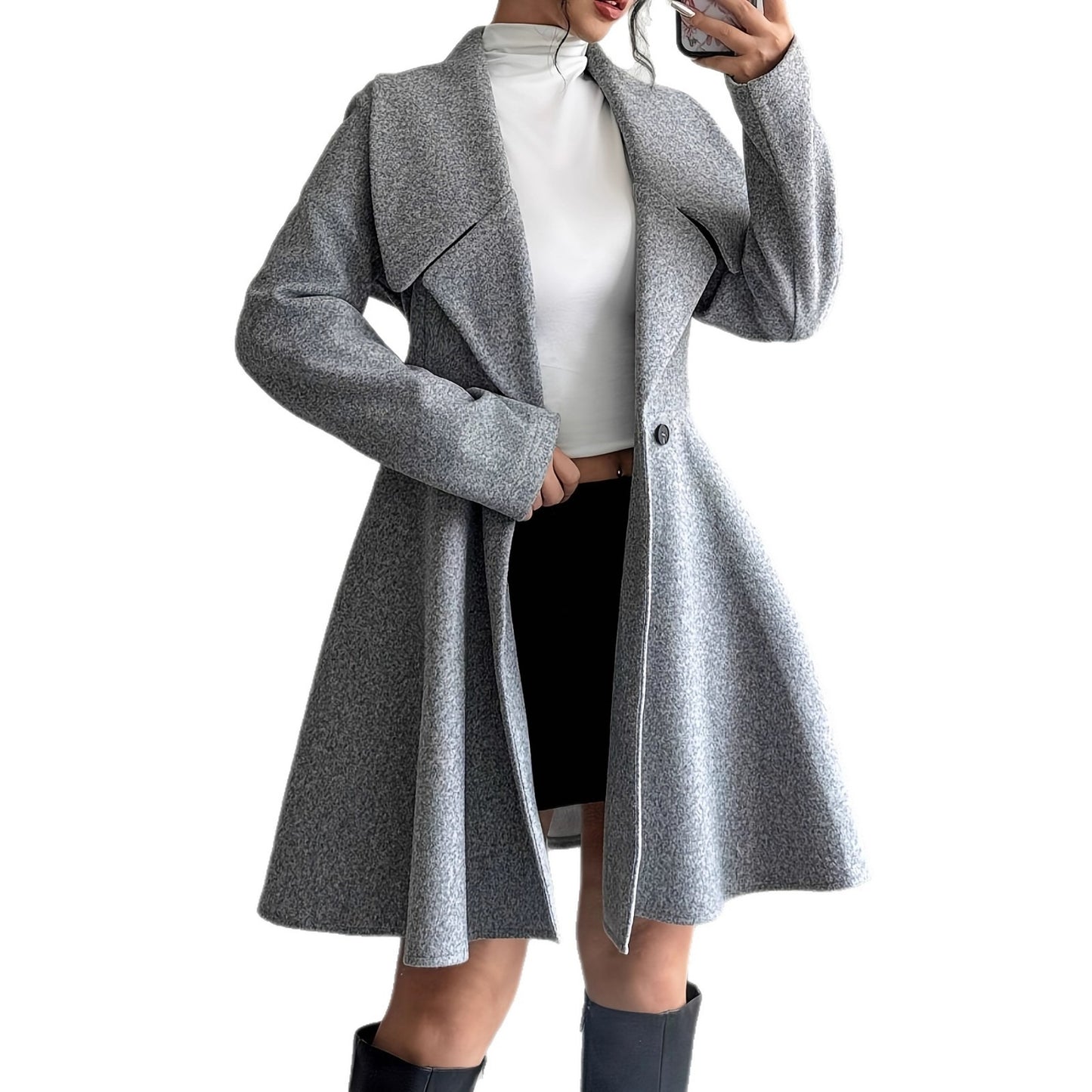 Women's Woolen Overcoat Fashion Polo Collar Texture Coats