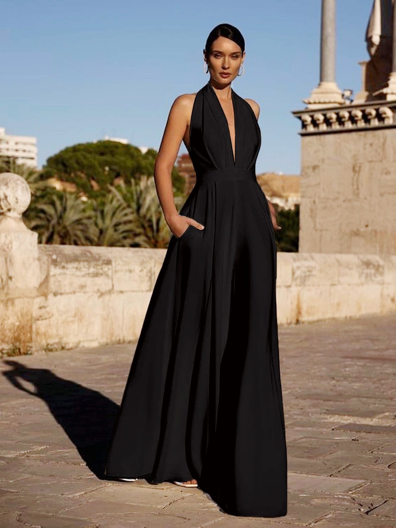 Women's Sleeveless Halter Solid Color Wide Leg Jumpsuits