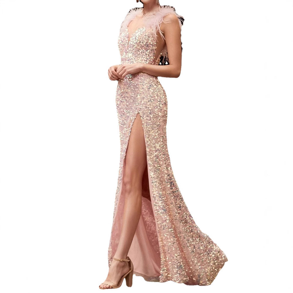 Temperament Commute Solid Color Red Feather Host Dresses