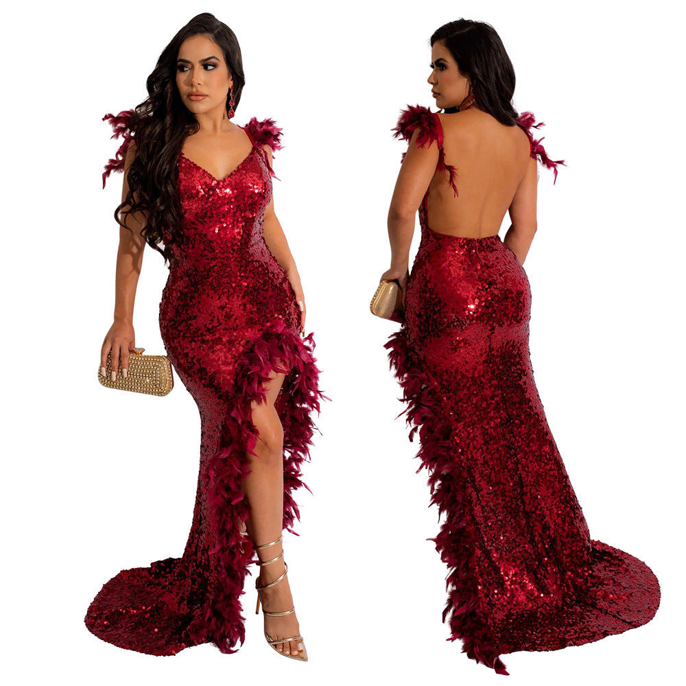 Sexy Feather Sling High Slit Sequins Backless Dresses