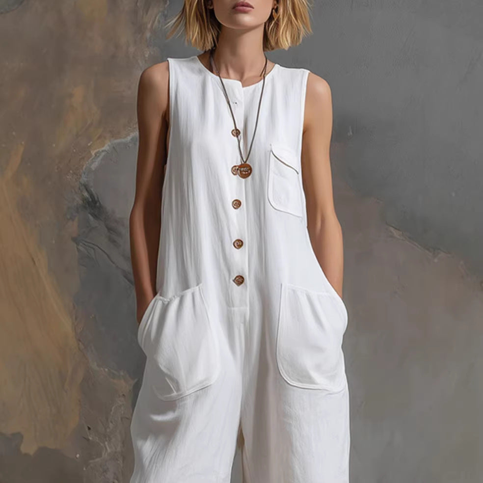 Casual Retro Sleeveless White Wide Leg Women's Jumpsuit/clothing