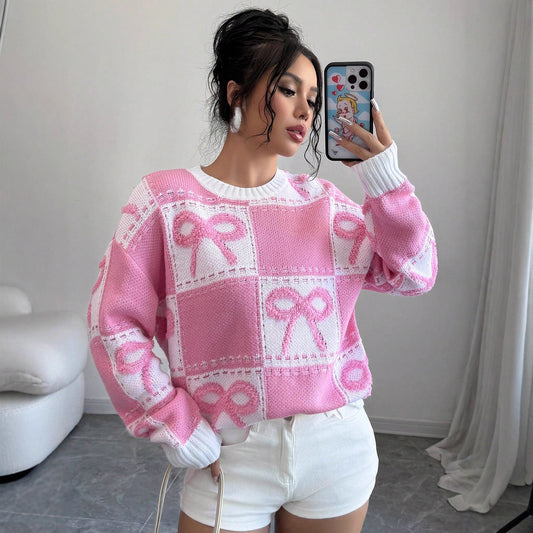 Women's Sweet Christmas Pink Bowknot Knitted Loose Sweaters