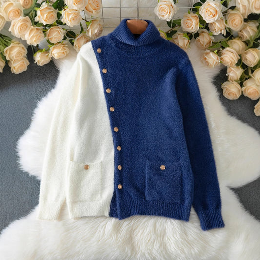 Women's Diagonal Button Design Sense Contrast Color Long Sleeves Sweaters