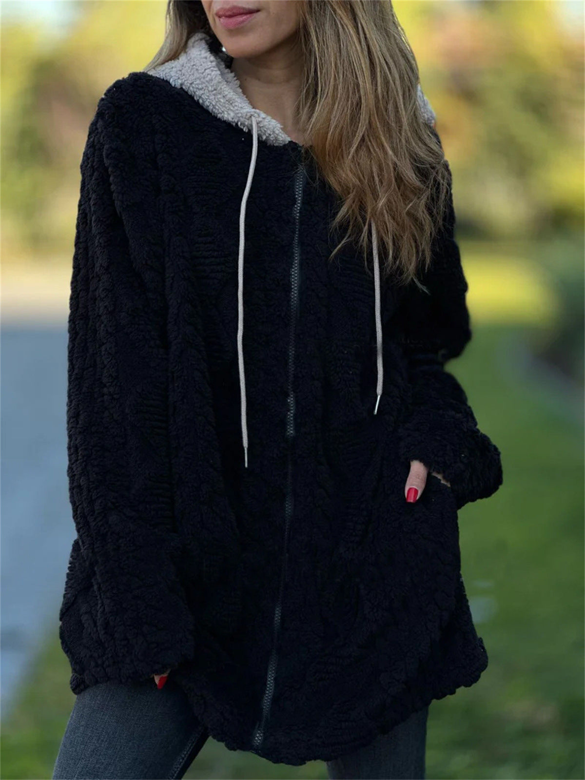 Women's Casual Hooded Solid Color Fur Zip Long Sleeve Coats