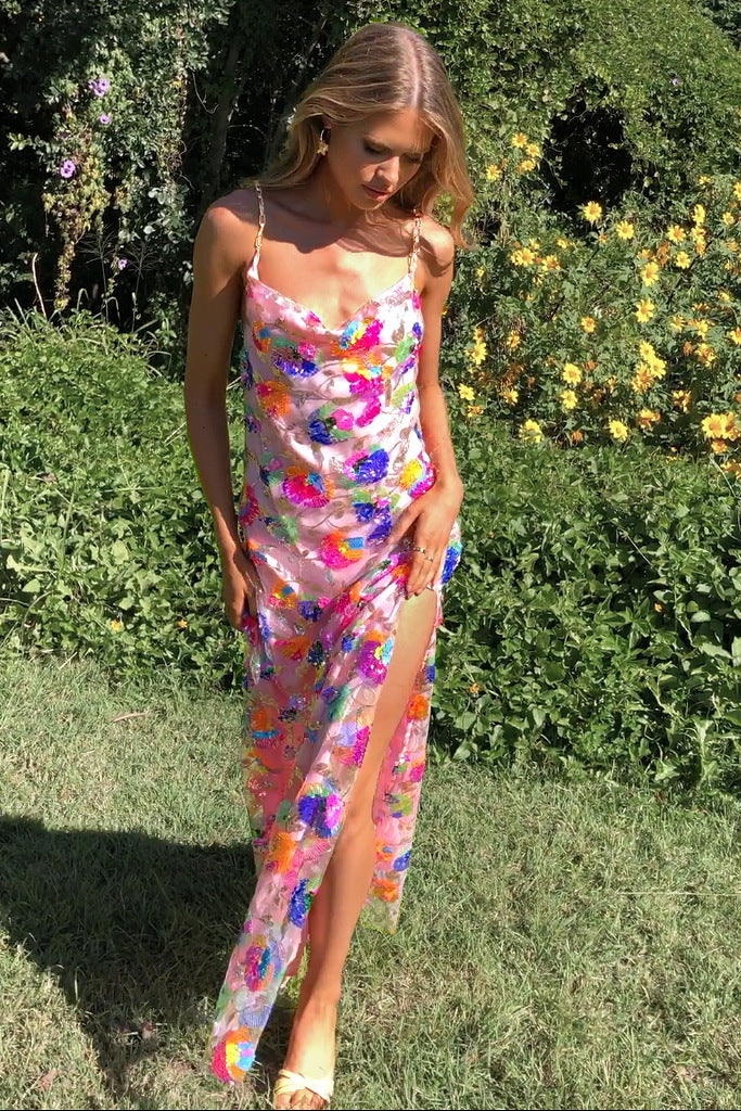 Women's Backless Sequined Floral Gold Chain Split Dresses
