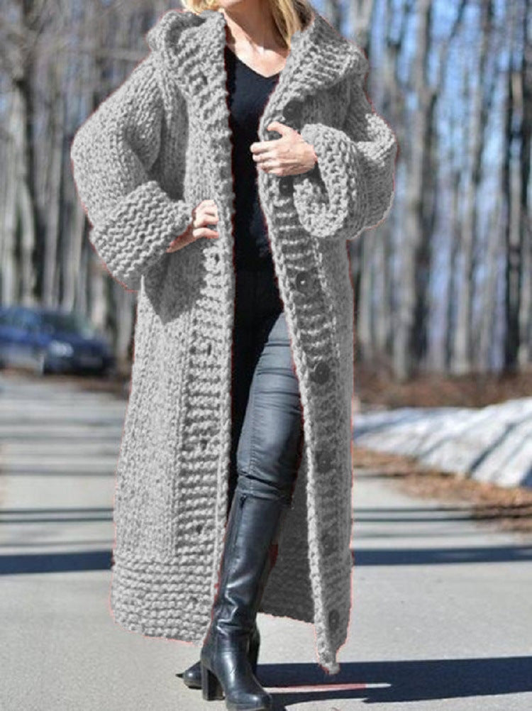 Women's Winter Hooded Single-breasted Solid Color Knitted Sweaters