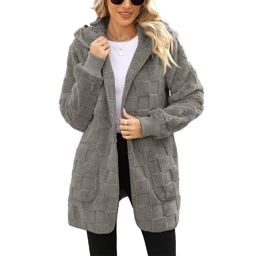 Women's Winter Plaid Jacquard Hooded Pocket Plush Women's Sweater, Sweater