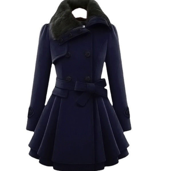 Women's Large Mid-length Woolen Double-breasted Padded Fur Coats