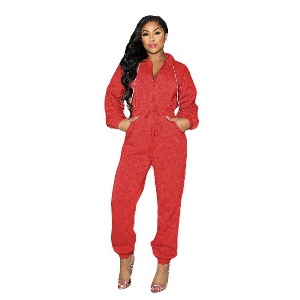 Women's Sexy Hooded Solid Color Hoodie Jumpsuits