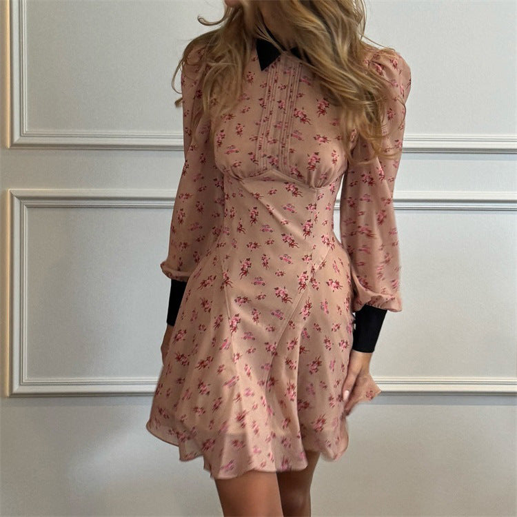 Women's Printing Color Contrast French Dress Design Pleated Lapel Dresses