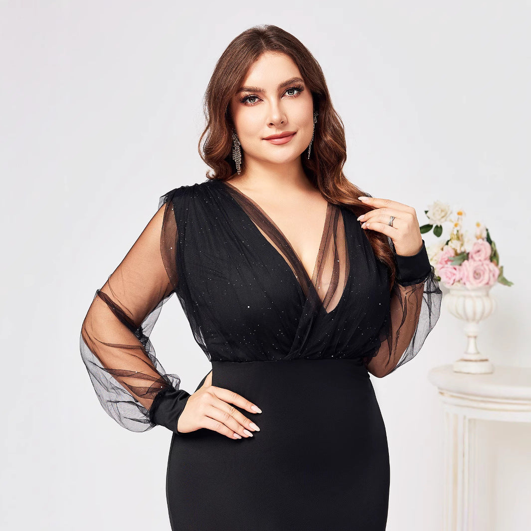 Women's Collar Net Yarn Sleeve Elegant Large Dresses