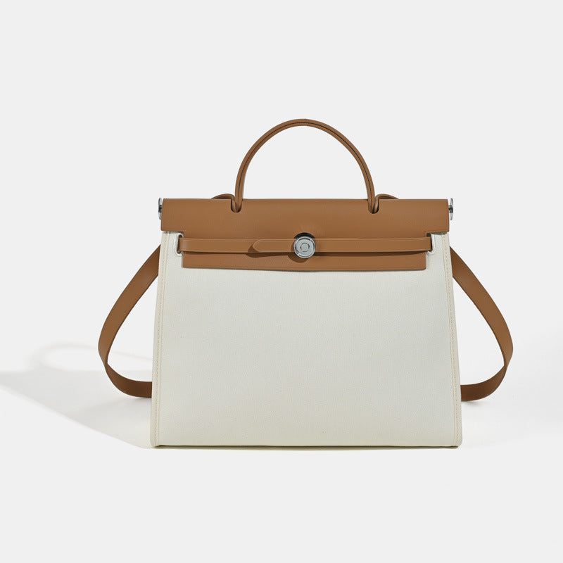 Cowhide Canvas Color Matching Design Large Handbags