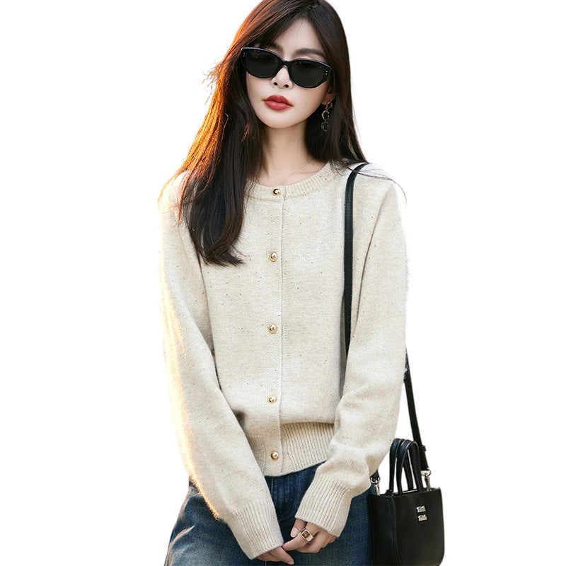 Women's Long Sleeve Single Row Sequined Color Sweaters