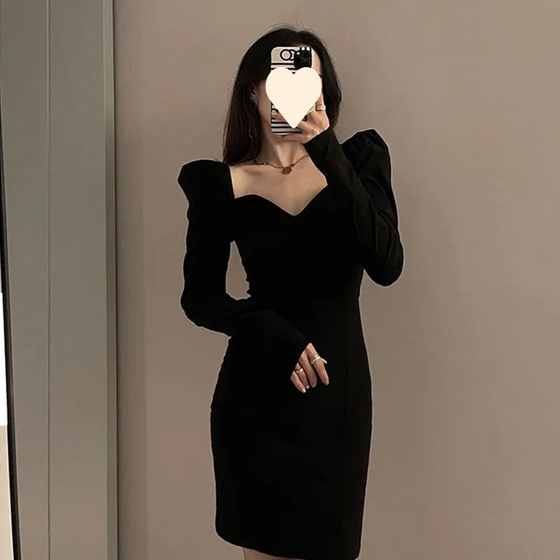Women's French Style Puff Sleeve Black Square Collar Sheath Hepburn Dress