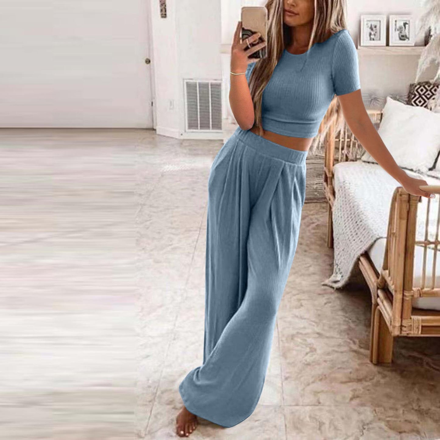 Women's Sleeve Solid Color Knit Home Two-piece Suits