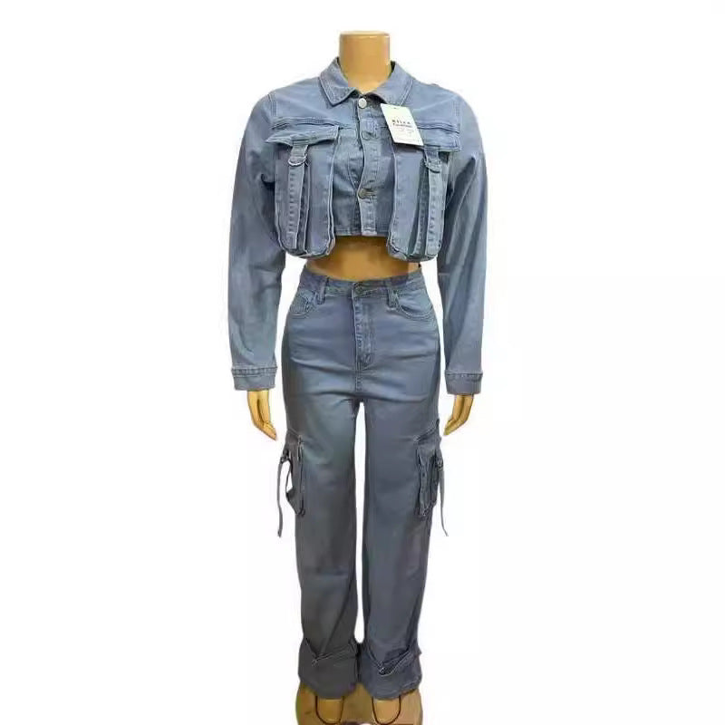 Women's Personalized With Pocket Denim Trousers Two-piece Suits