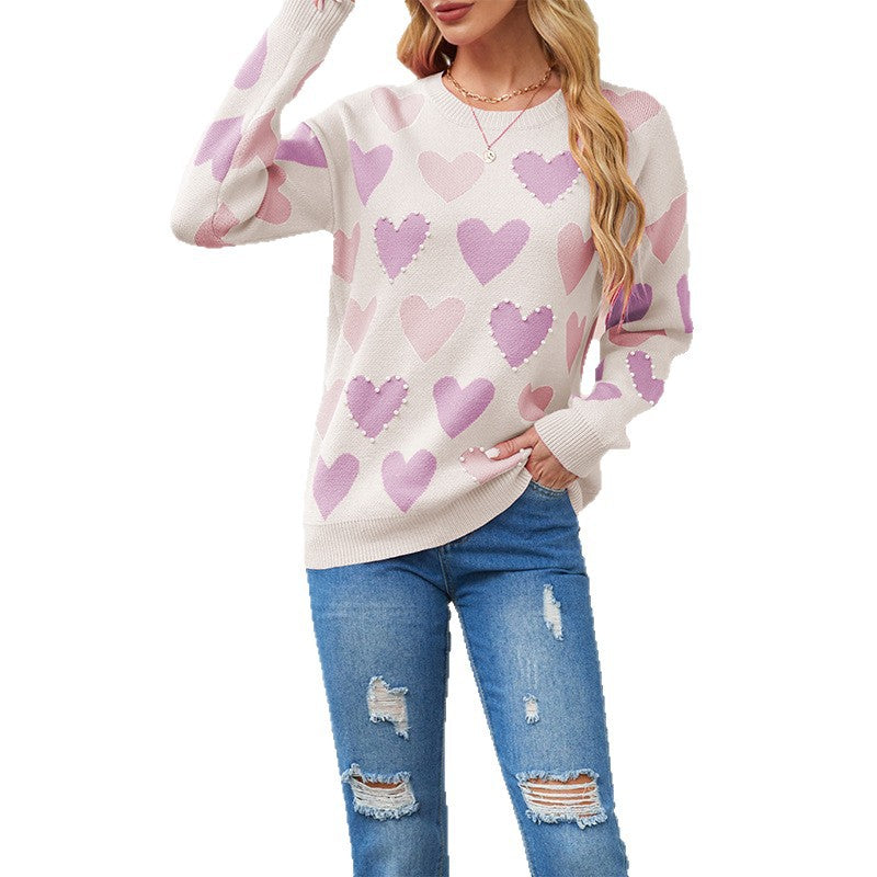 Day Round Neck Handmade Beaded Heart Sweaters