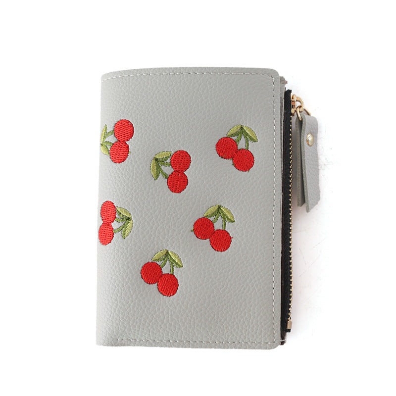 Women's Style Vertical Cherry Embroidery Short Fashion Ladies Wallets