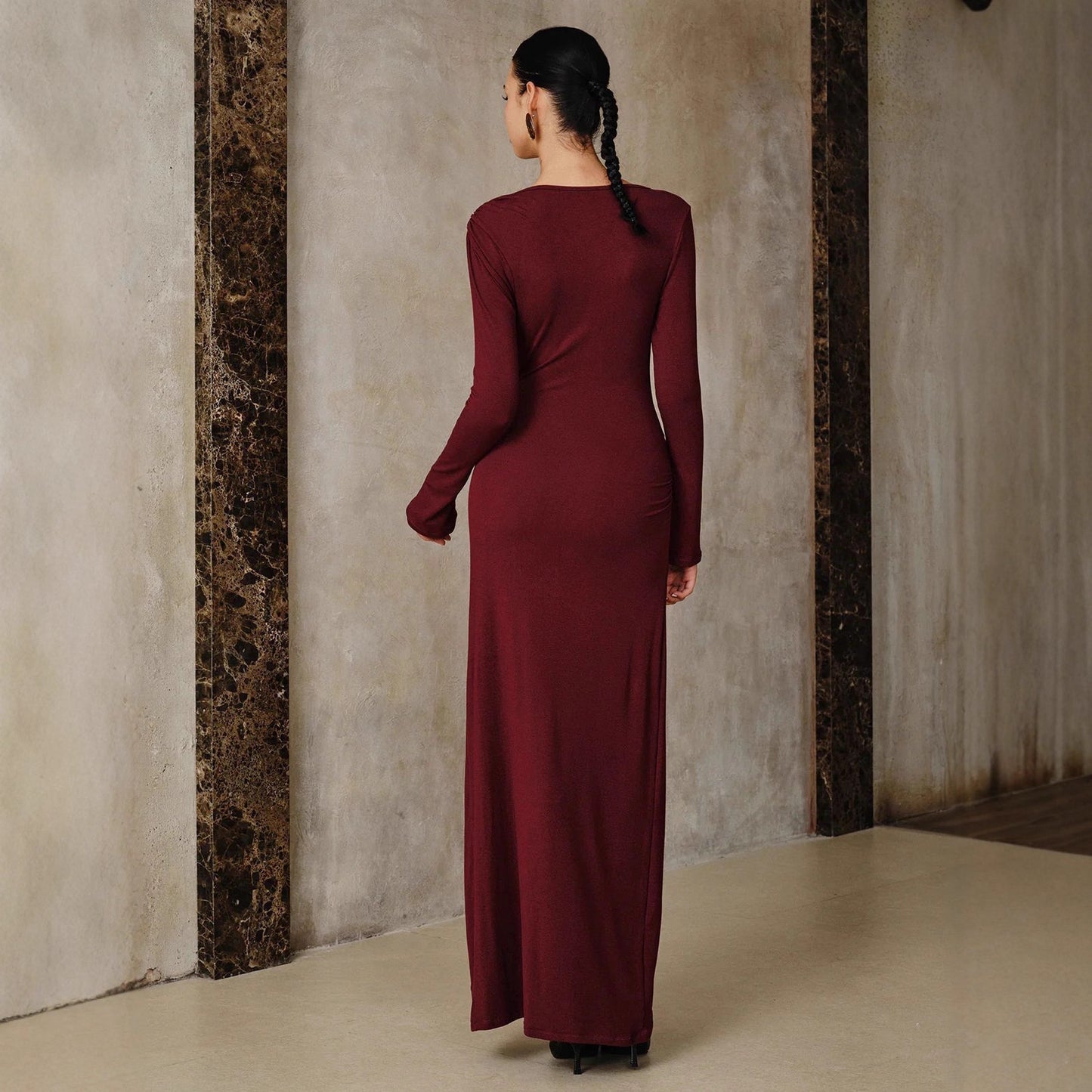Women's Solid Color Fashion Long Sleeve Round Neck Metal Decoration Dress