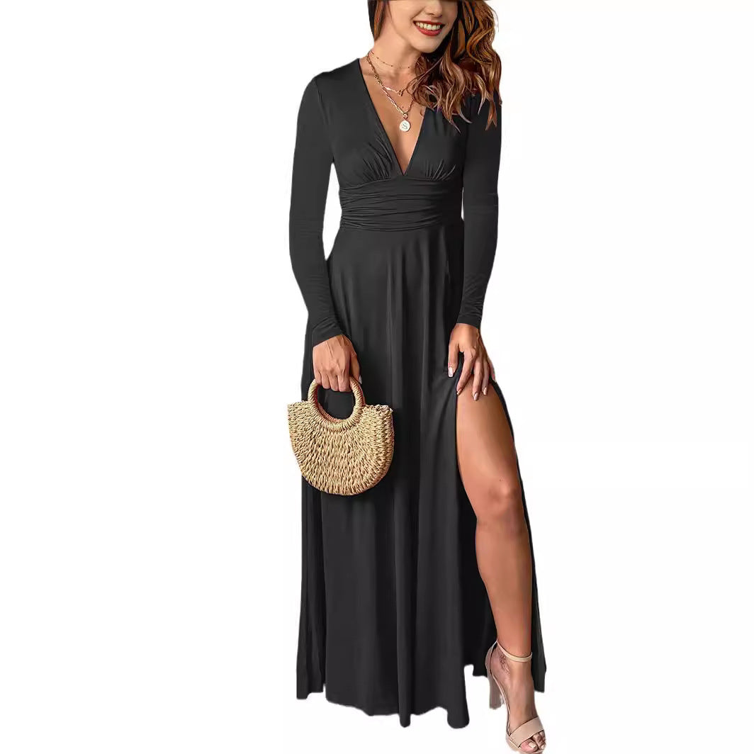 Smocking High Waist Slit Club Party Dress