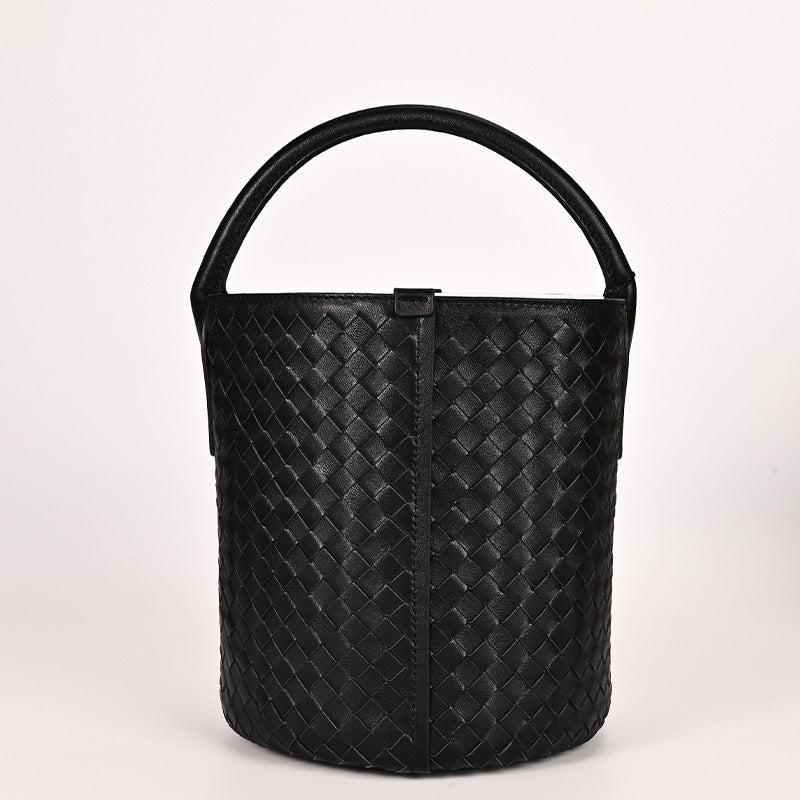 Woven Genuine Leather Vegetable Basket Commuter Bucket Bags