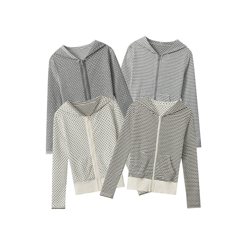 Women's Striped Dotted Two-sided Wear Design Hooded Sweaters