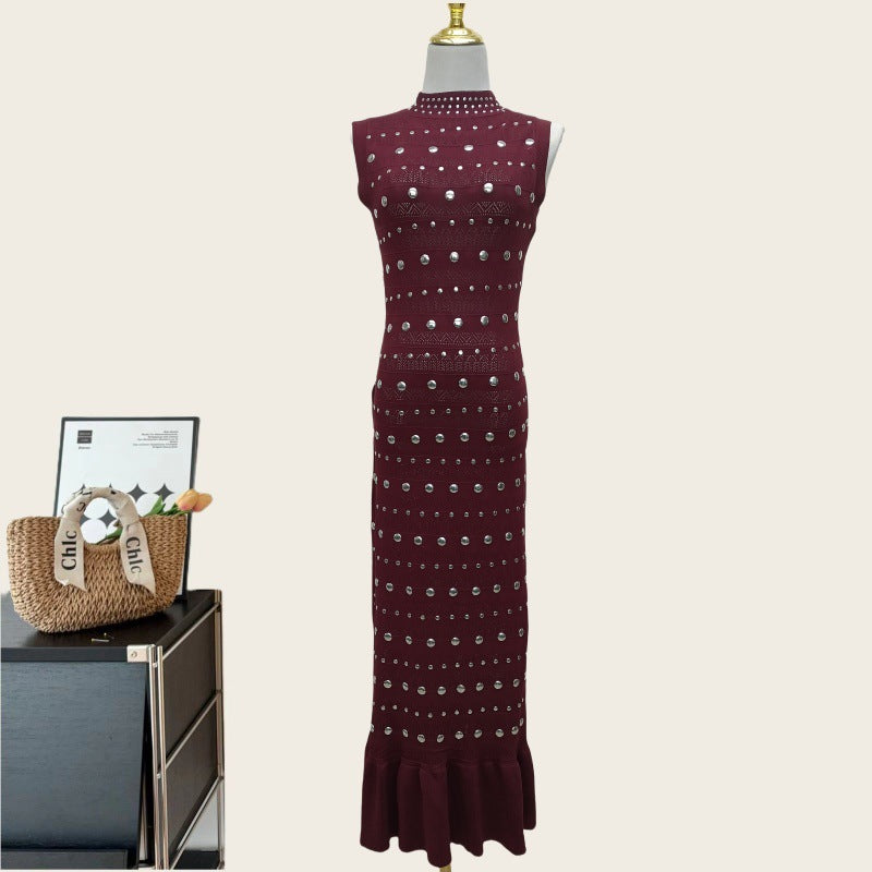 Women's French Rivet Round Neck Sleeveless Black Knitted Long Dresses