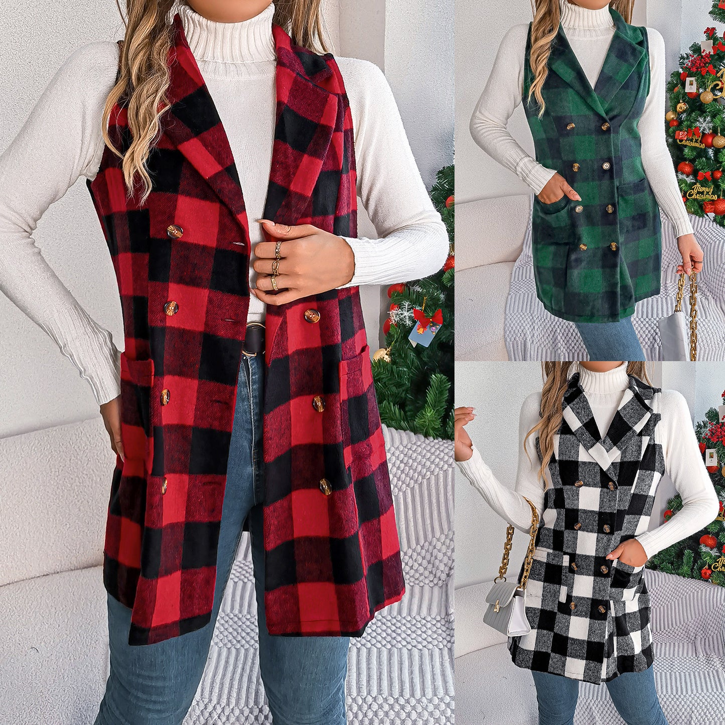 Women's Casual Contrast Color Plaid Sleeveless Double Vests