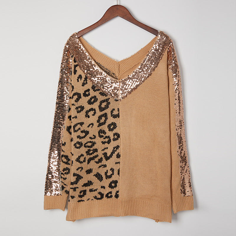 Women's Sequins Stitching Leopard Print Elegant Pullover Sweaters
