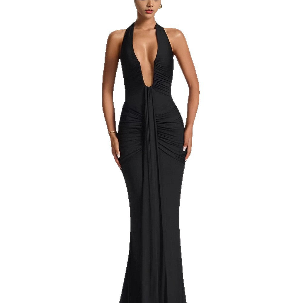 Women's Graceful Fashionable Halter Deep Sleeveless Backless Sexy Solid Color Dresses