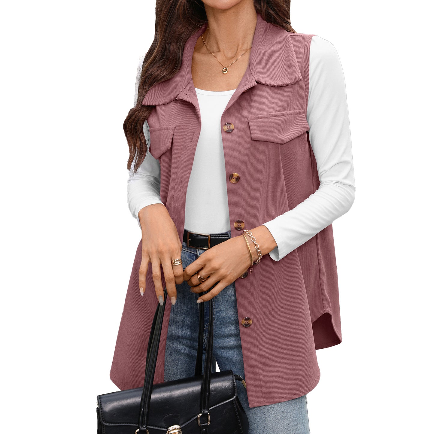 Slouchy Solid Color Buttons Corduroy Ladies Women's Vest