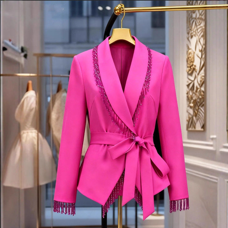 Tassel Dangling Beads Long Sleeve Waist Blazers