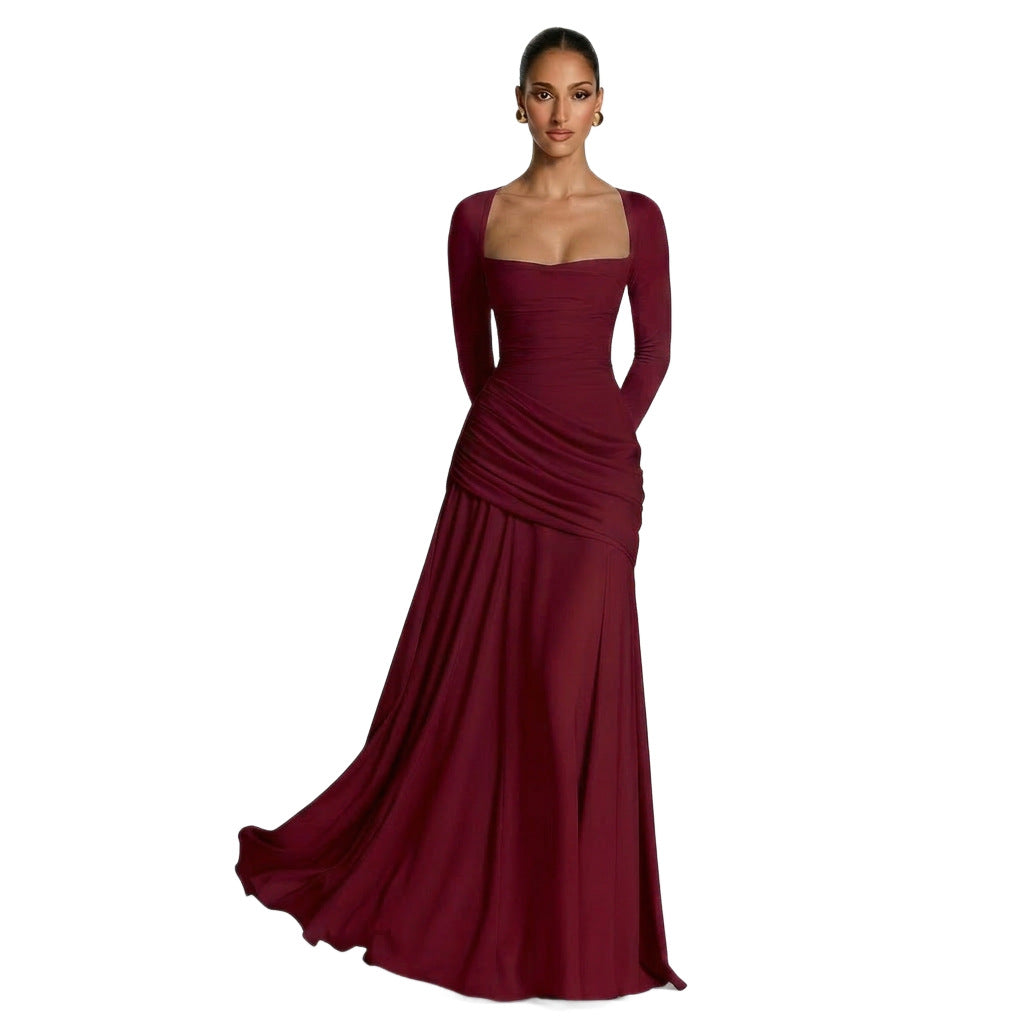 Women's Temperament Pure Color Square Collar Pleated Waist Tight Formal Dress